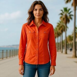 Elie Tahari Long Sleeve‎ Button Orange Down Shirt